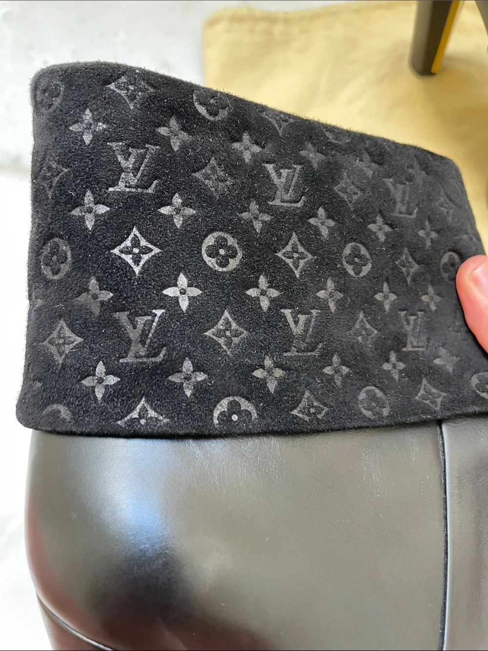 Louis Vuitton Black Leather Platform Ankle Boots with Monogram Velvet Cuff